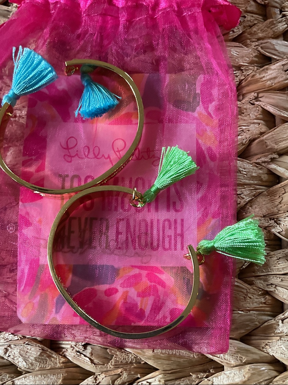 Lilly Pulitzer Gold Cuff Bracelets with Blue and Green Tassels